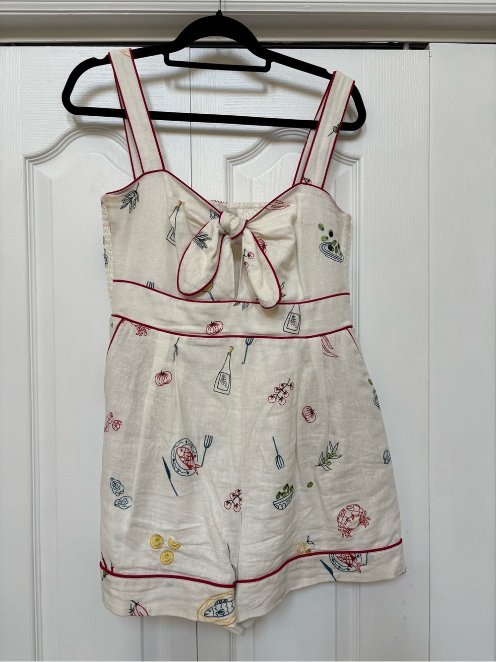 Caroline Constas Cream Linen Romper with Red Piping and Food Motif mediterranean